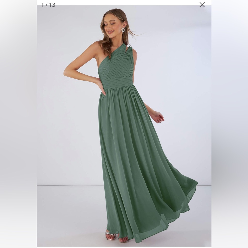 Azazie A-Line One Shoulder Chiffon Floor-Length Dress Eucalyptus size 2